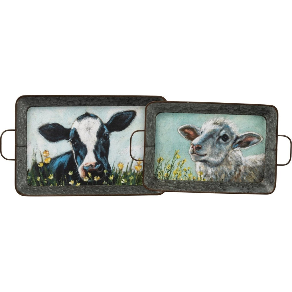 2 Pc. Set Galvanize Metal Trays - Sheep and Cow - Primitives by Kathy - Dotty's Farmhouse