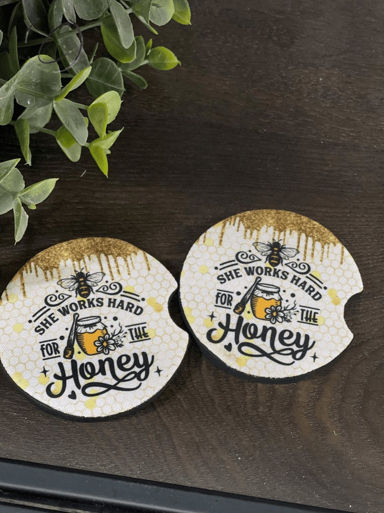 Car Coasters - She Works Hard For The Honey - Neoprene - Dotty's Farmhouse