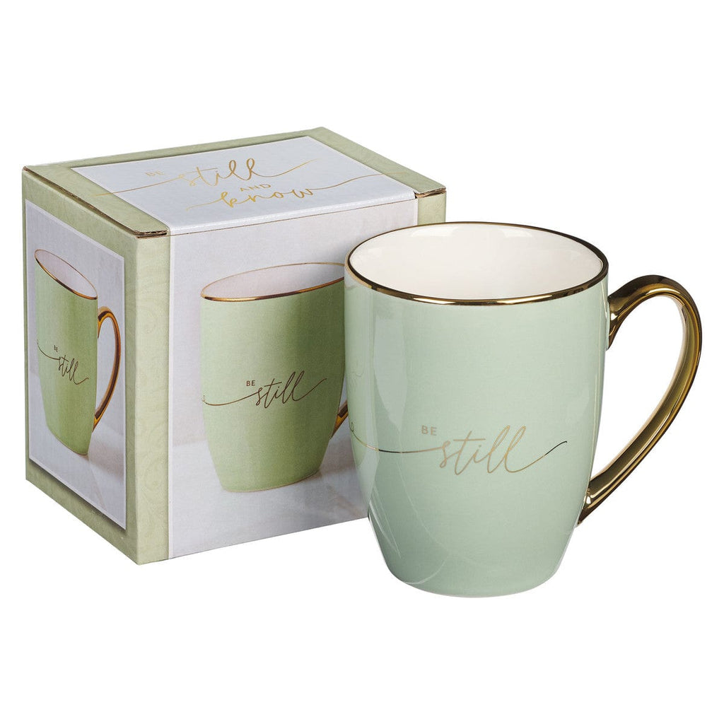 Coffee Mug - Be Still - Soft Green and Gold Ceramic 12oz Coffee Tea Cup - Dotty's Farmhouse