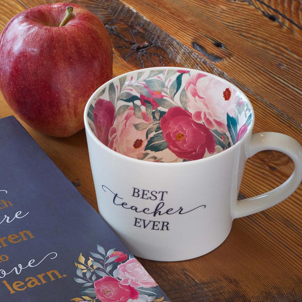 Coffee Mug - Best Teacher Ever - White with Floral Interior Ceramic Coffee/Tea Cup - Dotty's Farmhouse