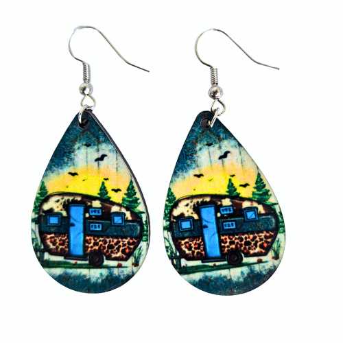 Earrings - Blue Door Camper - Lightweight Wooden Teardrop - Dotty's Farmhouse