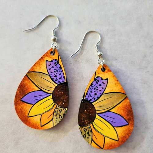 Earrings - Colorful Sunflower - Lightweight Wooden Teardrop - Dotty's Farmhouse