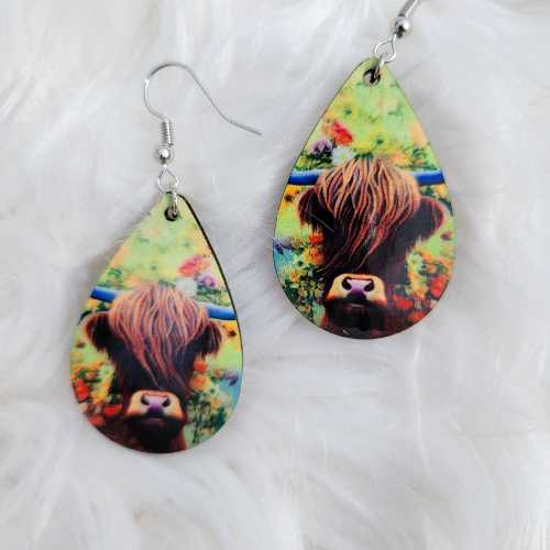 Earrings - Highland Cow Collection - Lightweight Wooden Teardrop - Dotty's Farmhouse