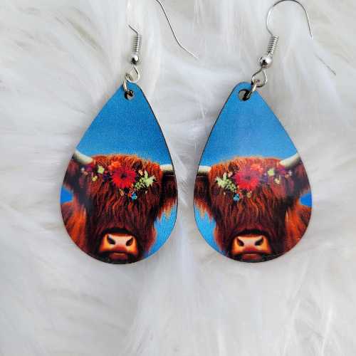 Earrings - Highland Cow Collection - Lightweight Wooden Teardrop - Dotty's Farmhouse