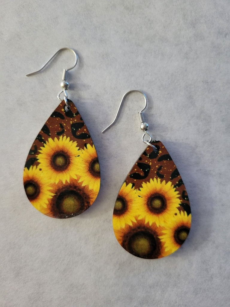 Earrings - Leopard & Sunflowers - Lightweight Wooden Teardrop - Dotty's Farmhouse