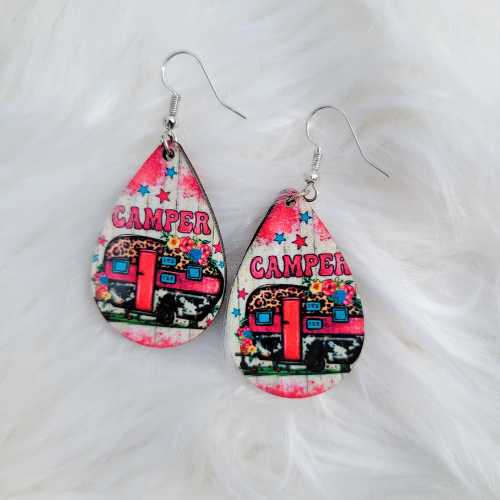 Earrings - Pink Camper - Lightweight Wooden Teardrop - Dotty's Farmhouse