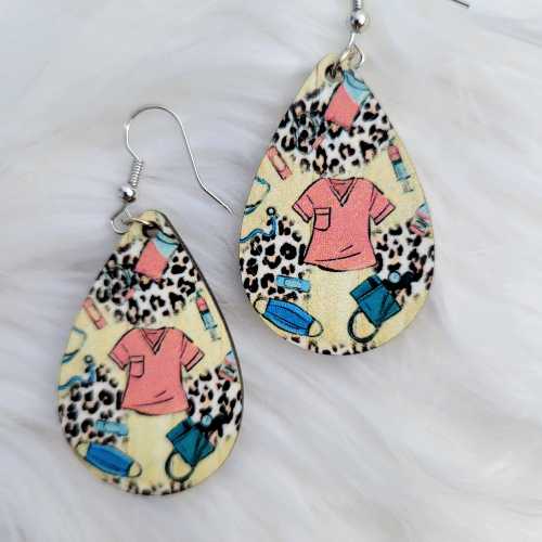 Earrings - Pink Nurse Scrubs and Leopard Print - Lightweight Wooden Teardrop - Dotty's Farmhouse