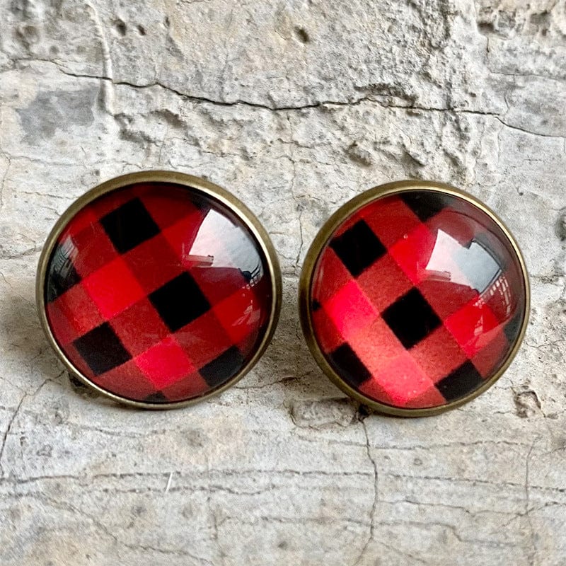 Earrings - Red and Black Buffalo Check/Plaid Stud Earrings - 10mm - Dotty's Farmhouse