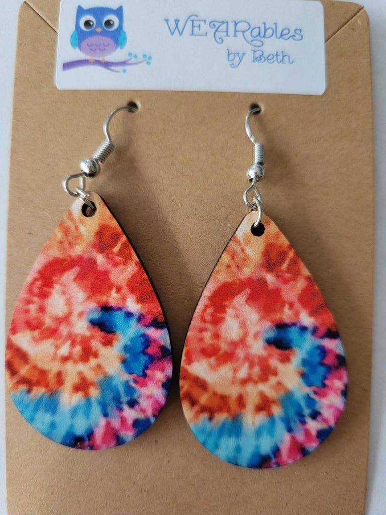 Earrings - Tie Dye - Orange - Lightweight Wooden Teardrop - Dotty's Farmhouse