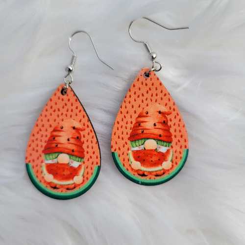 Earrings - Watermelon - Gnomes - Lightweight Wooden Teardrop - Dotty's Farmhouse