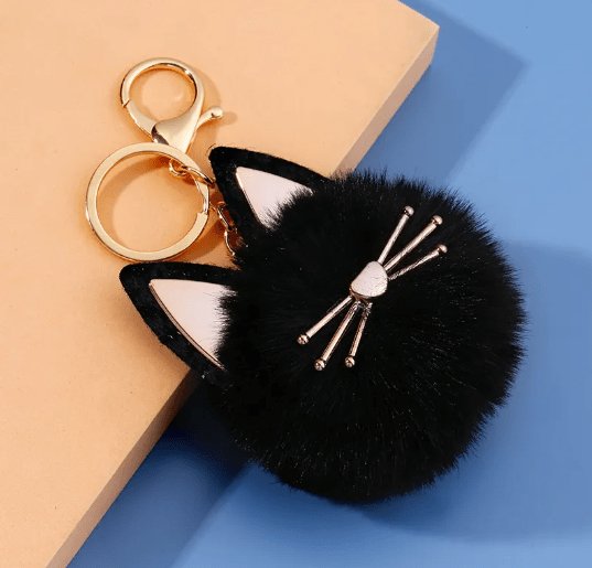 Key Chain - Bag Pendant - Poof Ball Cat with Leopard Print Ears - Black or White - Dotty's Farmhouse